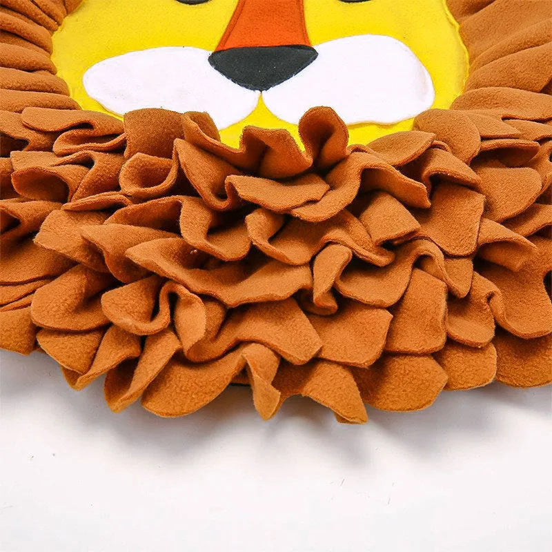 Brown lion-shaped pet sniffing mat with textured Yizhiwen pattern for hiding treats