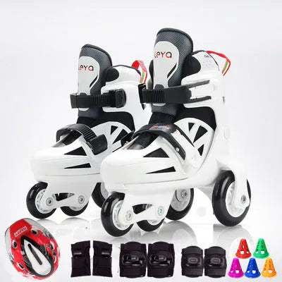 Adjustable double row kids roller skates in Little Panda colour with flash wheels and protective gear set