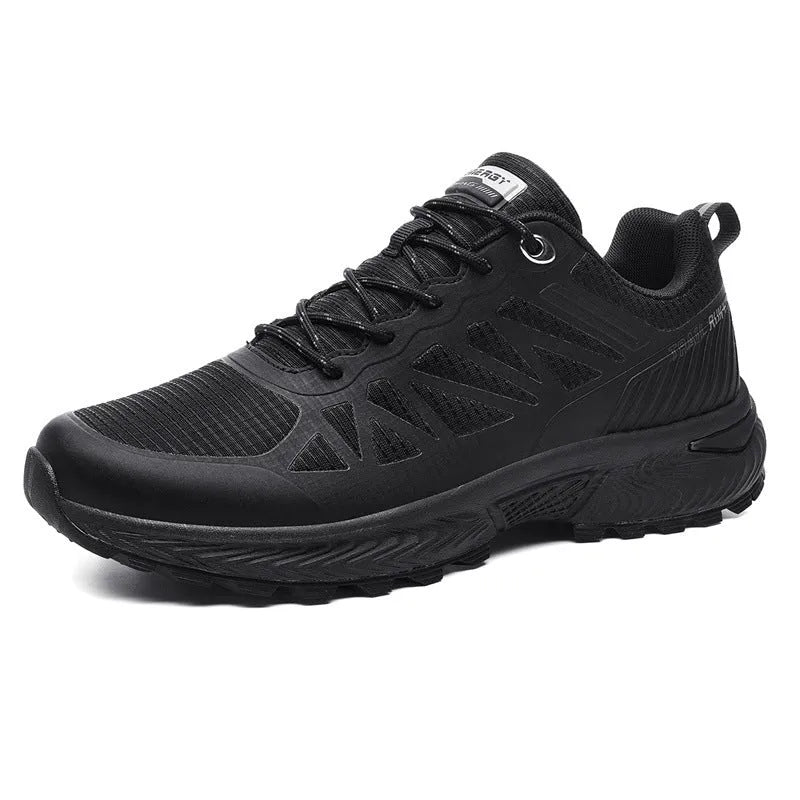 Men's black and orange outdoor running shoes with mesh upper and lace-up front.