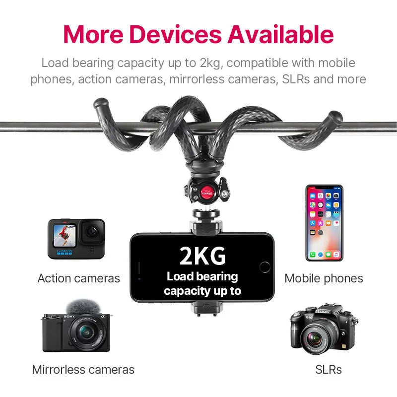 Black octopus-style flexible tripod with mobile phone clip extended on a table.