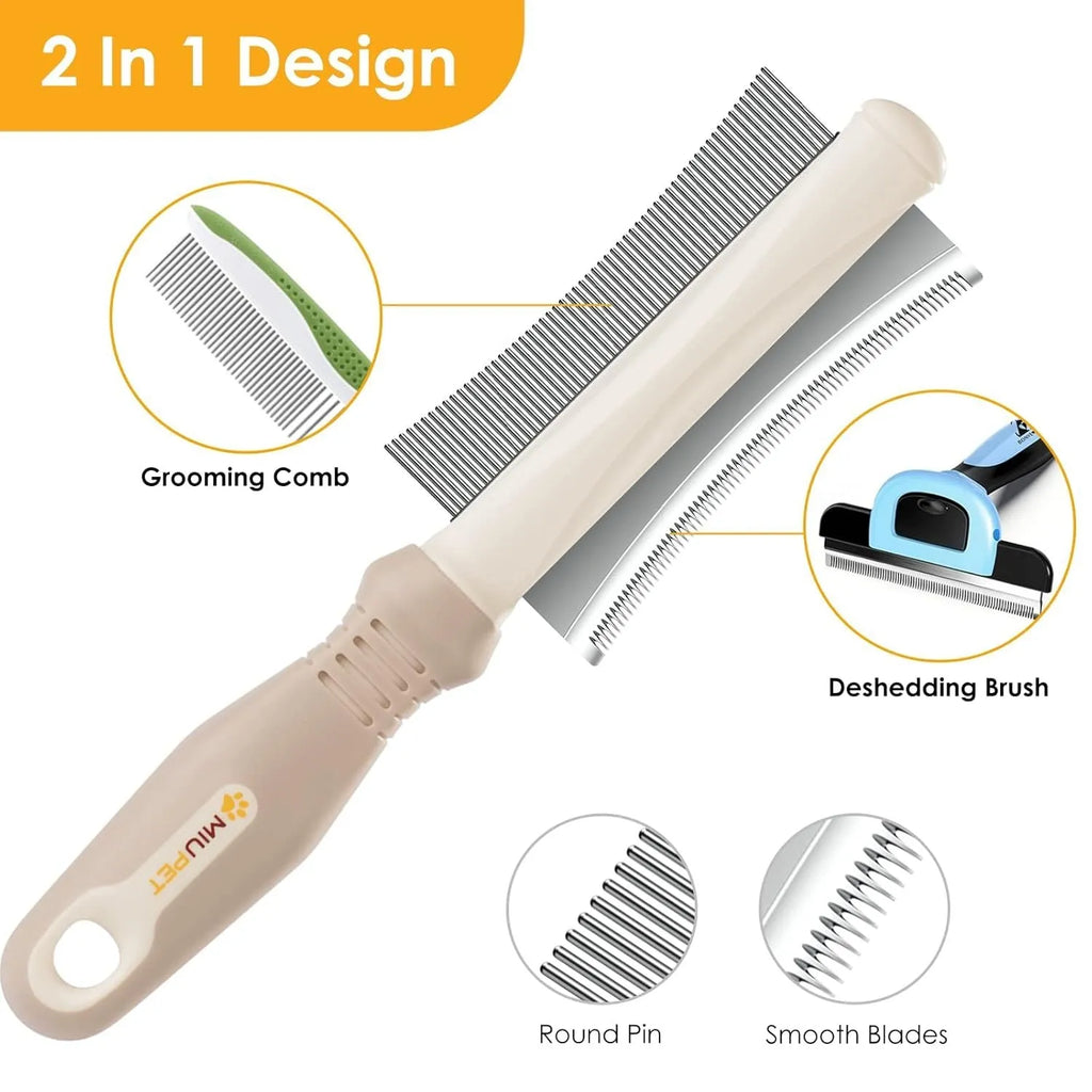 White double-sided dog and cat brush showing a grooming comb and deshedding brush head with a curved handle.