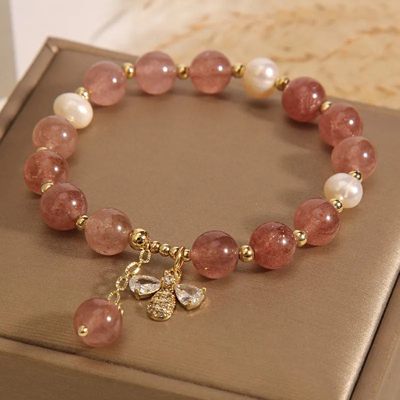 Strawberry quartz freshwater pearl bracelet with zircon alloy clasp in Japanese Korean style