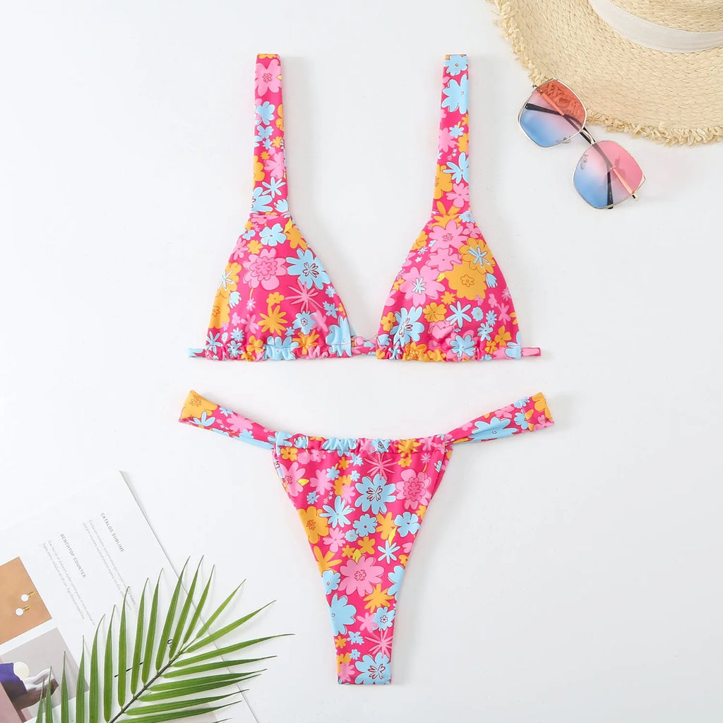 Women's floral print bikini swimsuit set in blue, rose red, sky blue or white