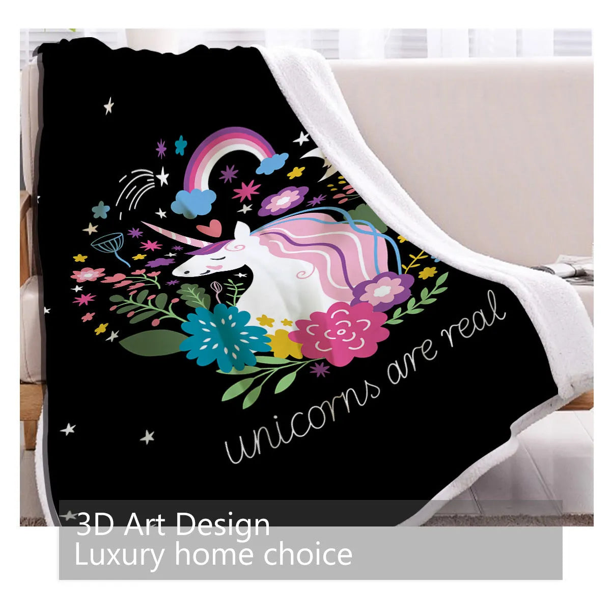 Black Sherpa fleece blanket with high weight, soft texture, and hemmed edges on a sofa
