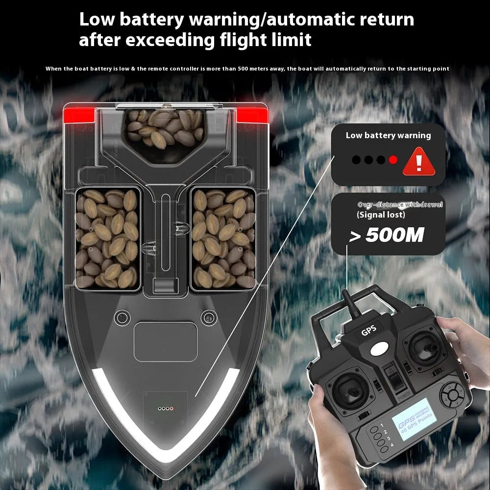V020 GPS remote control fishing boat with LED lights shown on water