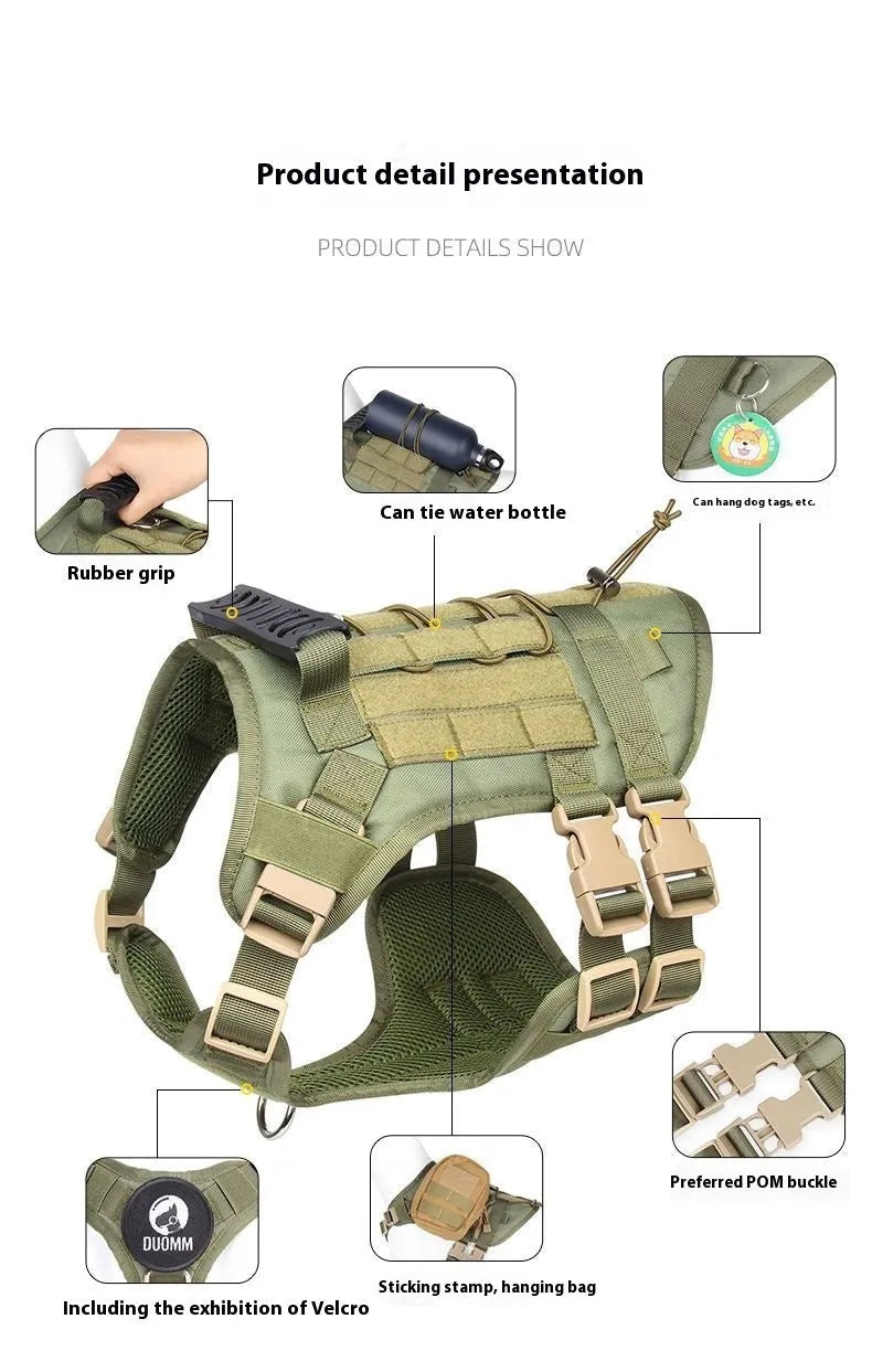 Dog tactical chest and back harness in Oxford cloth with chain ring and rope attachments