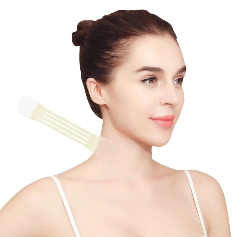 V27 neck pattern adhesive firming tape set in skin tone with four pieces and twenty patches.