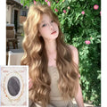 Brown linen long curly medium length wig with hair net on display