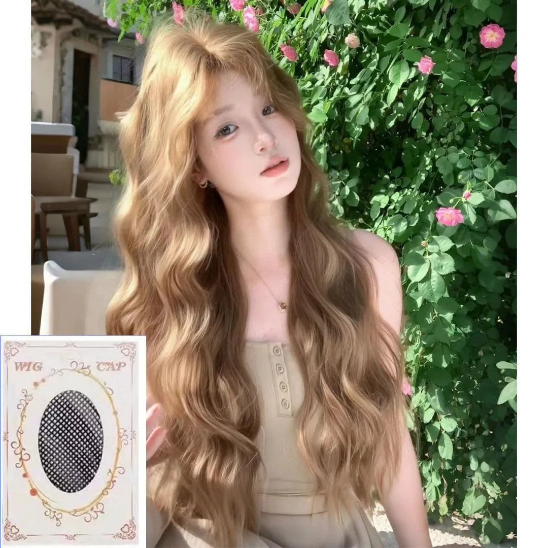 Brown linen long curly medium length wig with hair net on display