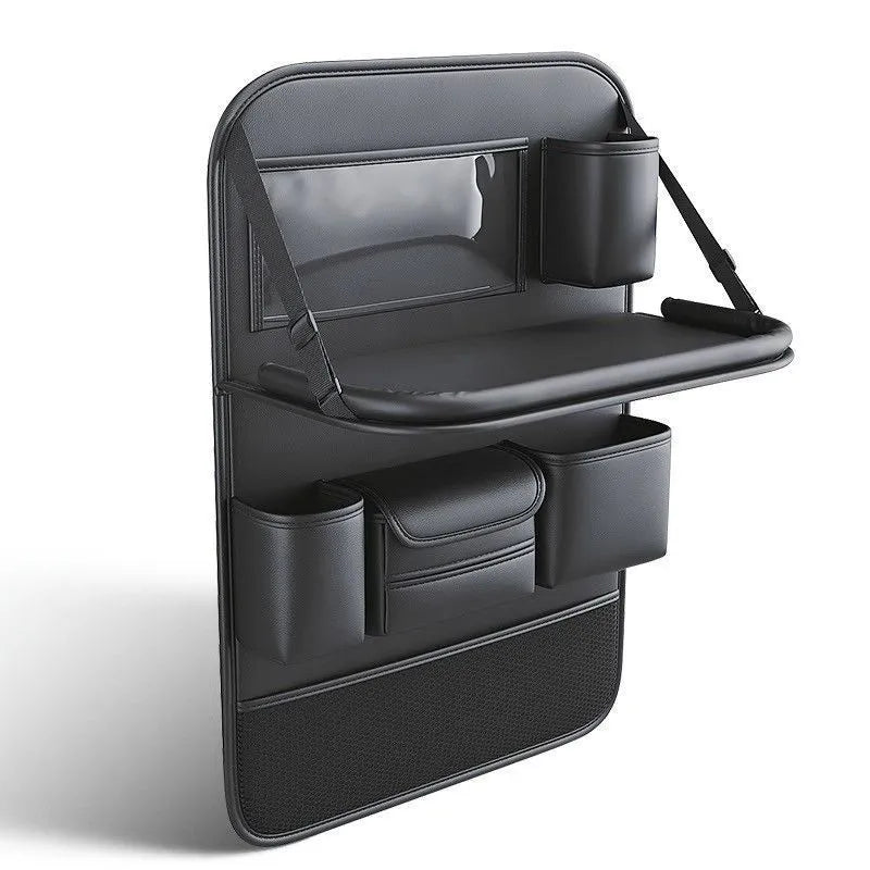 Black leather car seat back storage rack with handle, suspended on a car seat