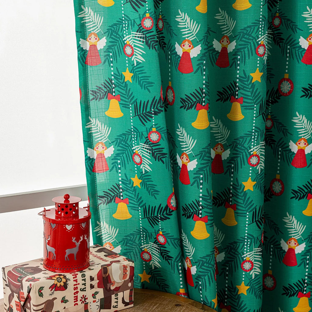 Christmas curtain with snowman and angel cartoon print in green or red colour
