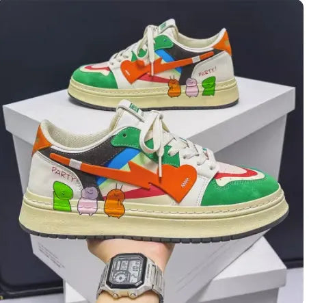 Casual plain lace-up sneakers in rainbow, white blue, or white rice colours on a white background.