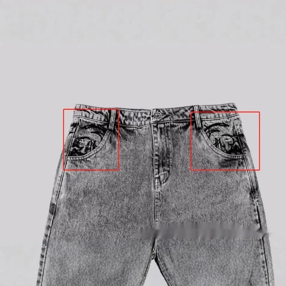 Grey loose straight-leg cotton denim trousers on a hanger, showing mid waist and straight leg cut.