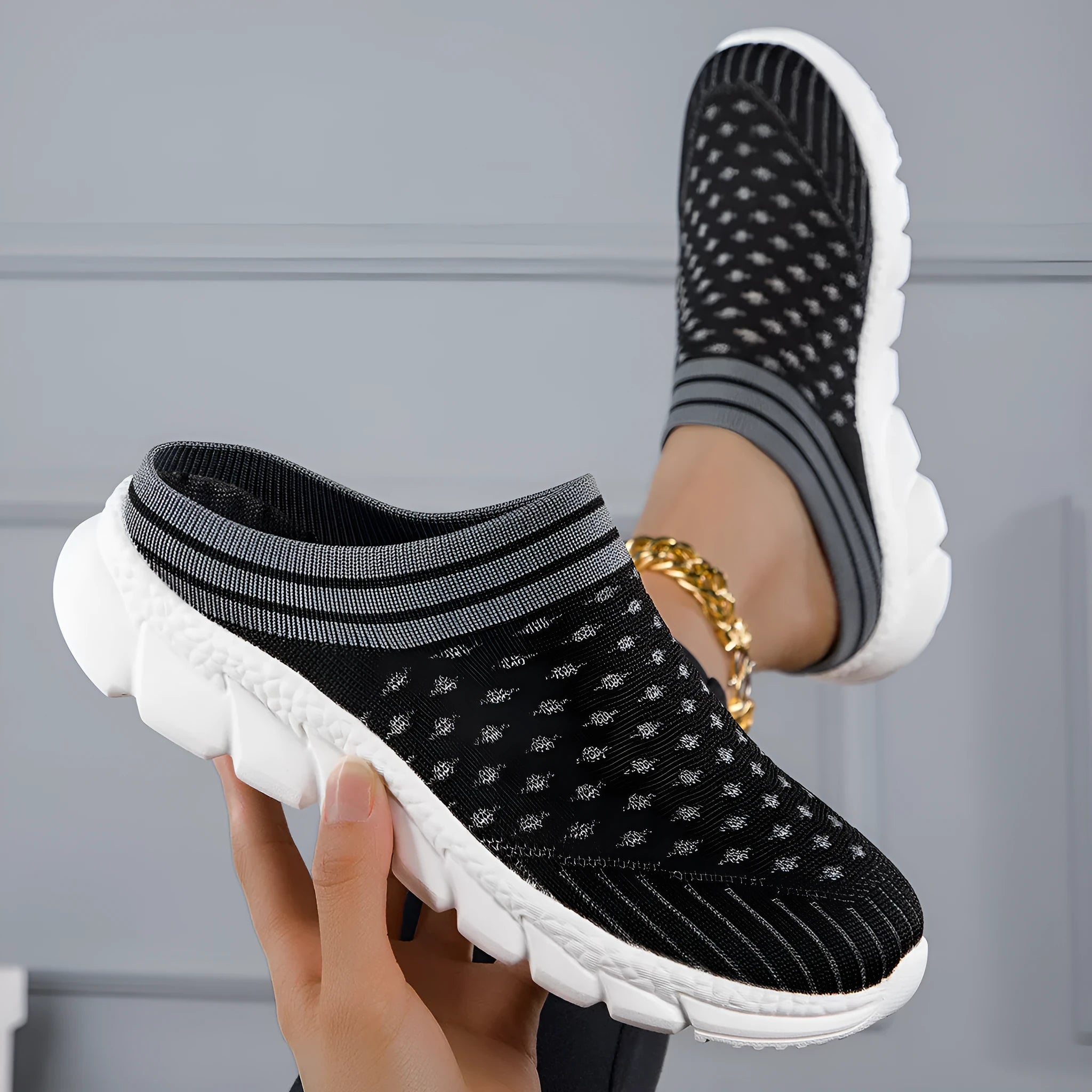 Women's striped Flyknit slipper shoes with hollowed-out pattern in black, pink, and purple colours
