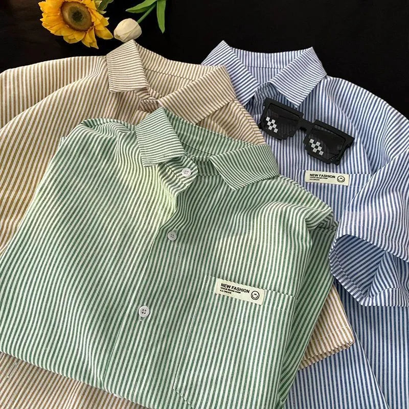 Blue or green striped loose fit plus size casual shirt with half sleeves