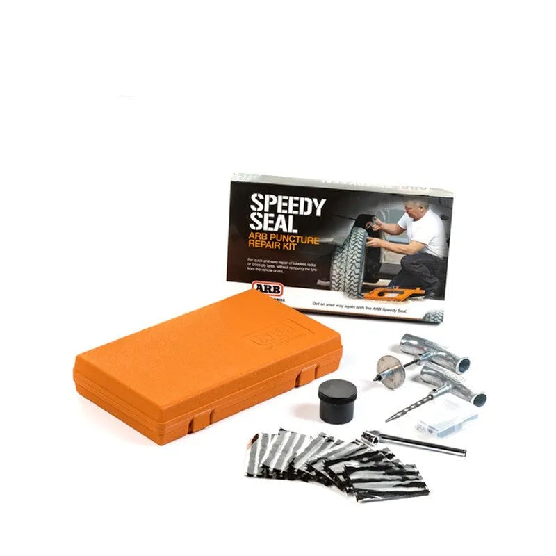 Speedy Seal emergency car tyre repair tool kit with case, insertion tool, and gauge for punctures.