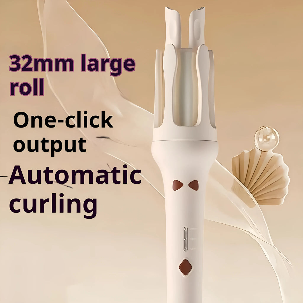 White and purple automatic hair curler with 32mm barrel and international plug adapters