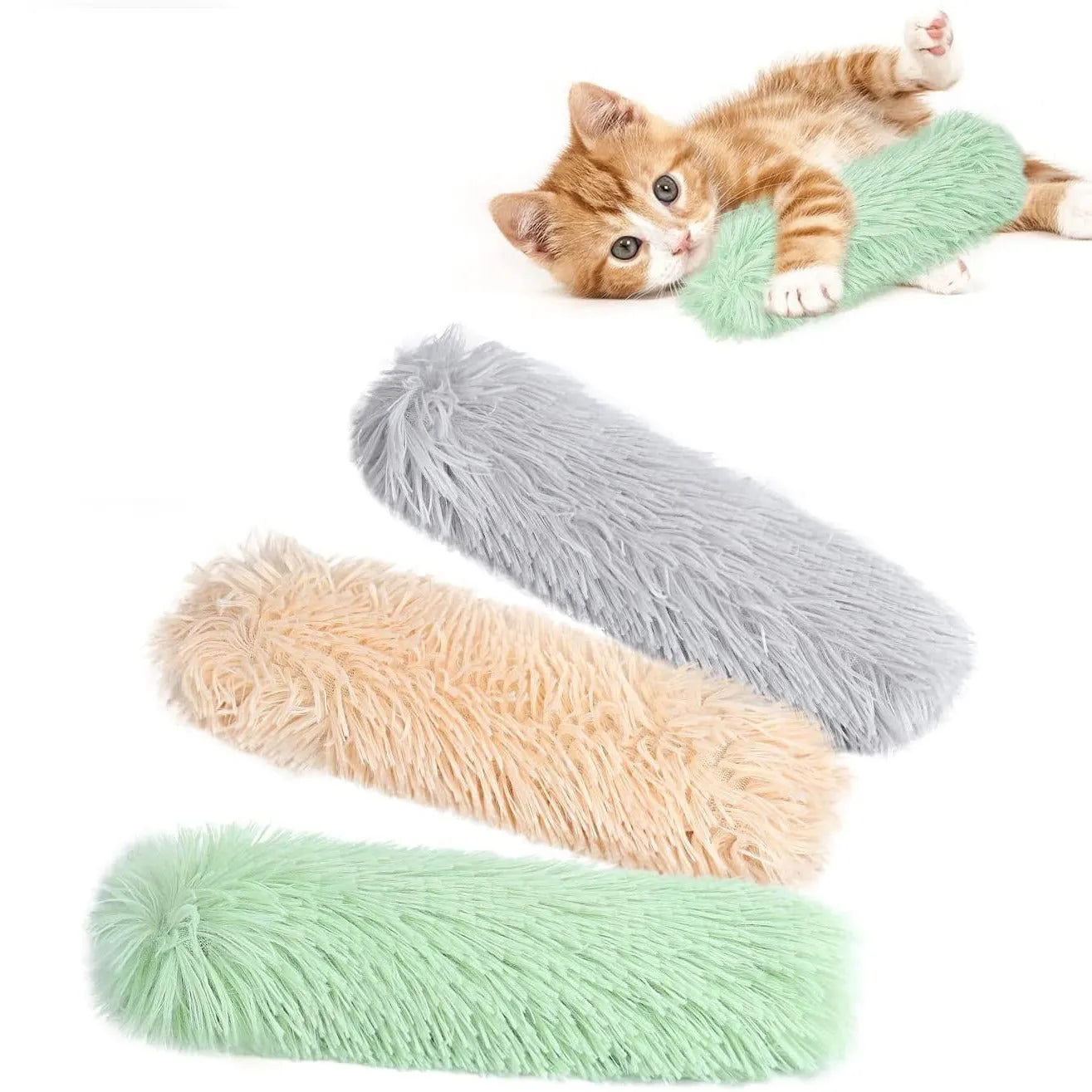 Plush cat toy pillow with crinkle material and wiggly tentacles in blue, green, pink, and white colour options.
