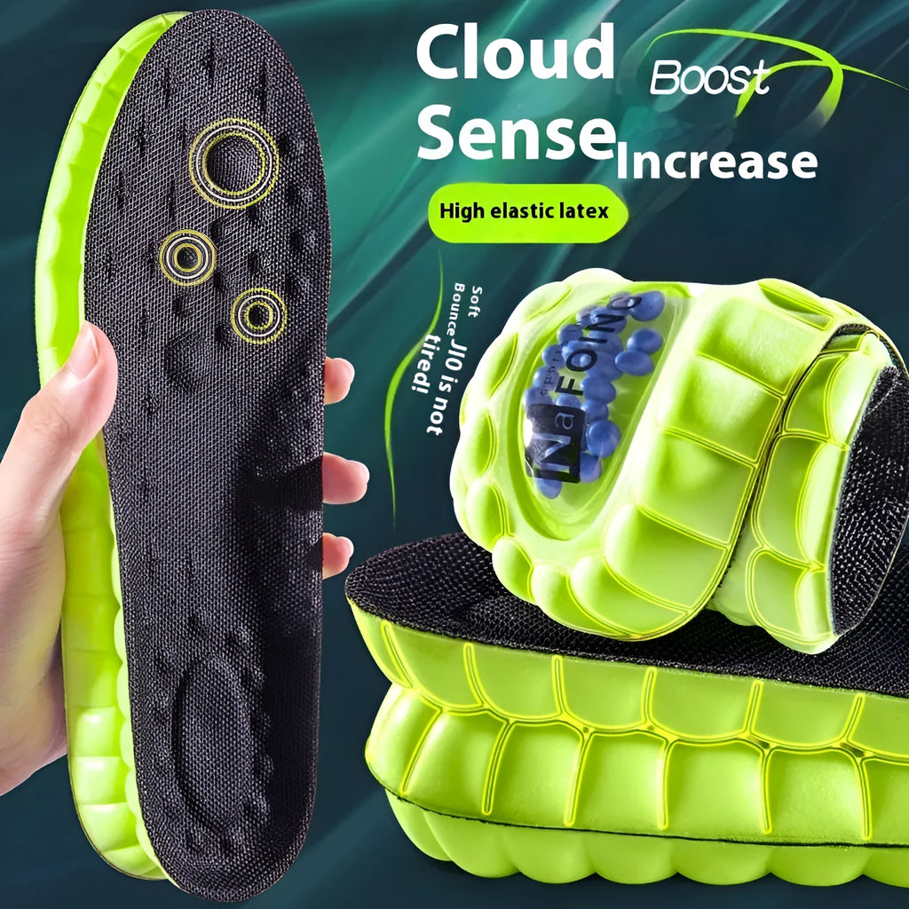 Green PU air cushion sports insoles for shock absorption, showing size scale.