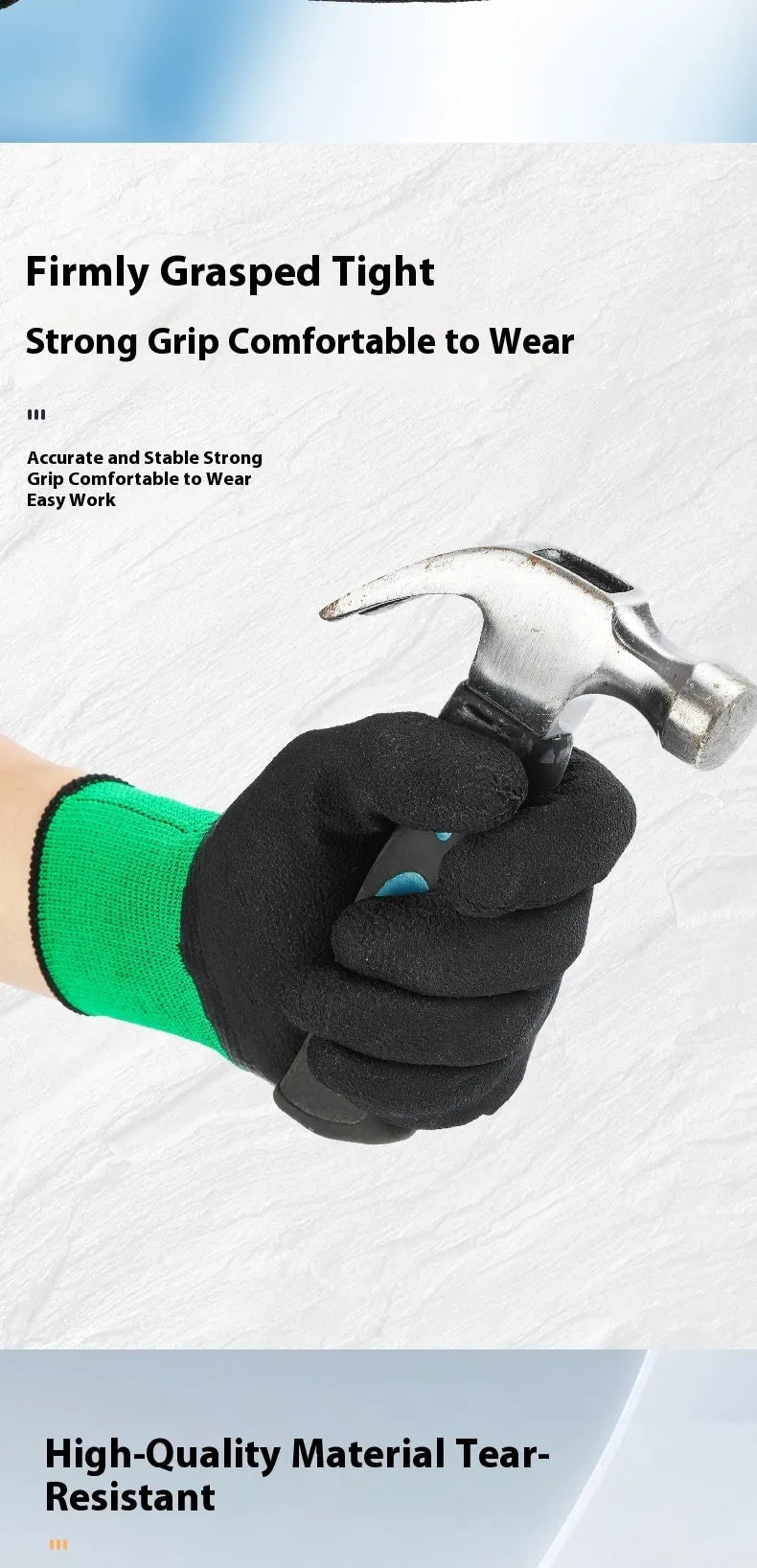 Black and green medium-sized rubber work gloves with visible stitching, shown on a workbench.