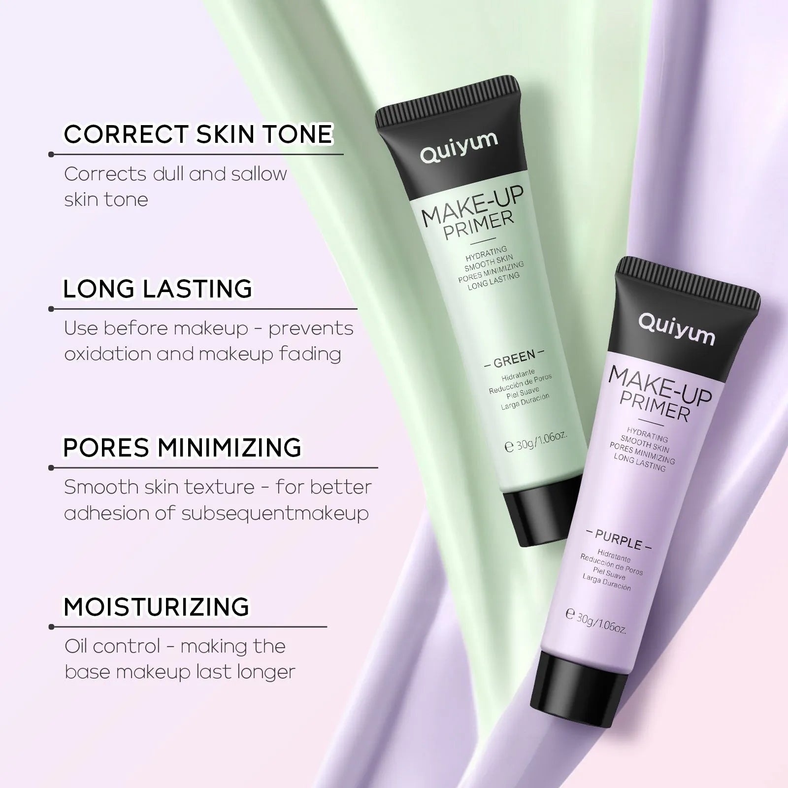 30g colour-correcting makeup primer in purple, pink and green shades