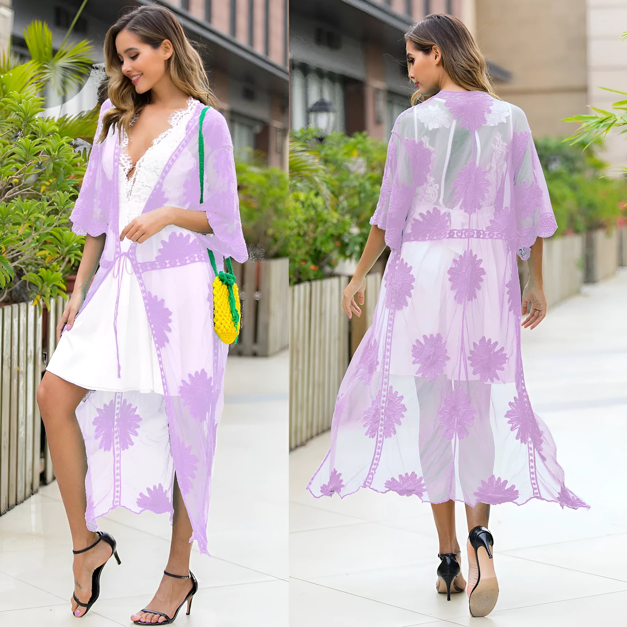 Light purple women's beach dress cardigan for swimming and beachwear.