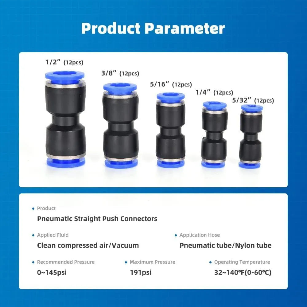 60-piece pneumatic connector set showing push-in fittings with R1/4 and R1/2 thread sizes