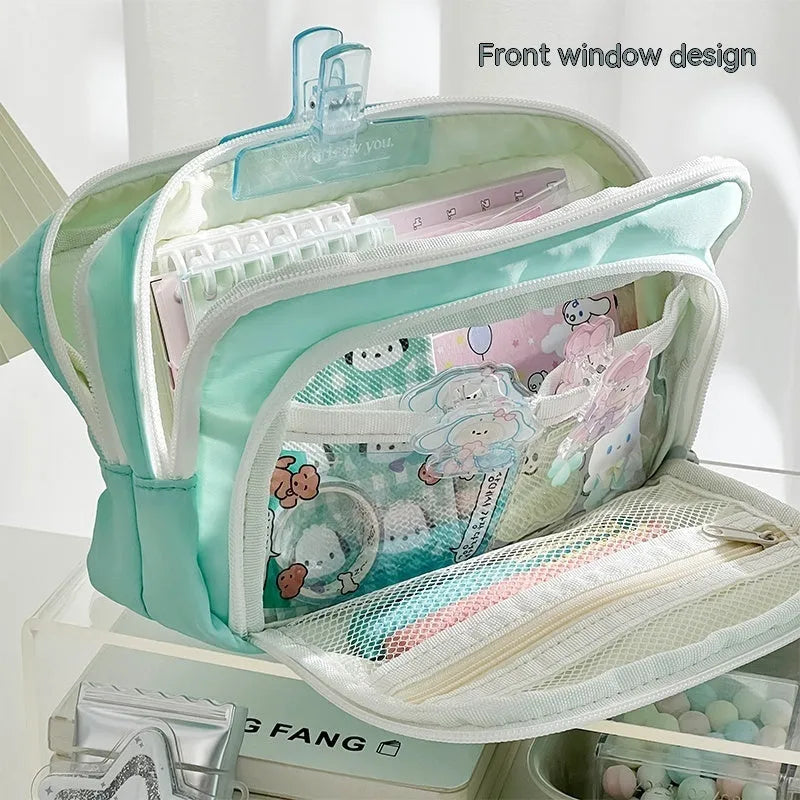 Double layer pencil case in solid colour with gift handle for exam stationery organisation