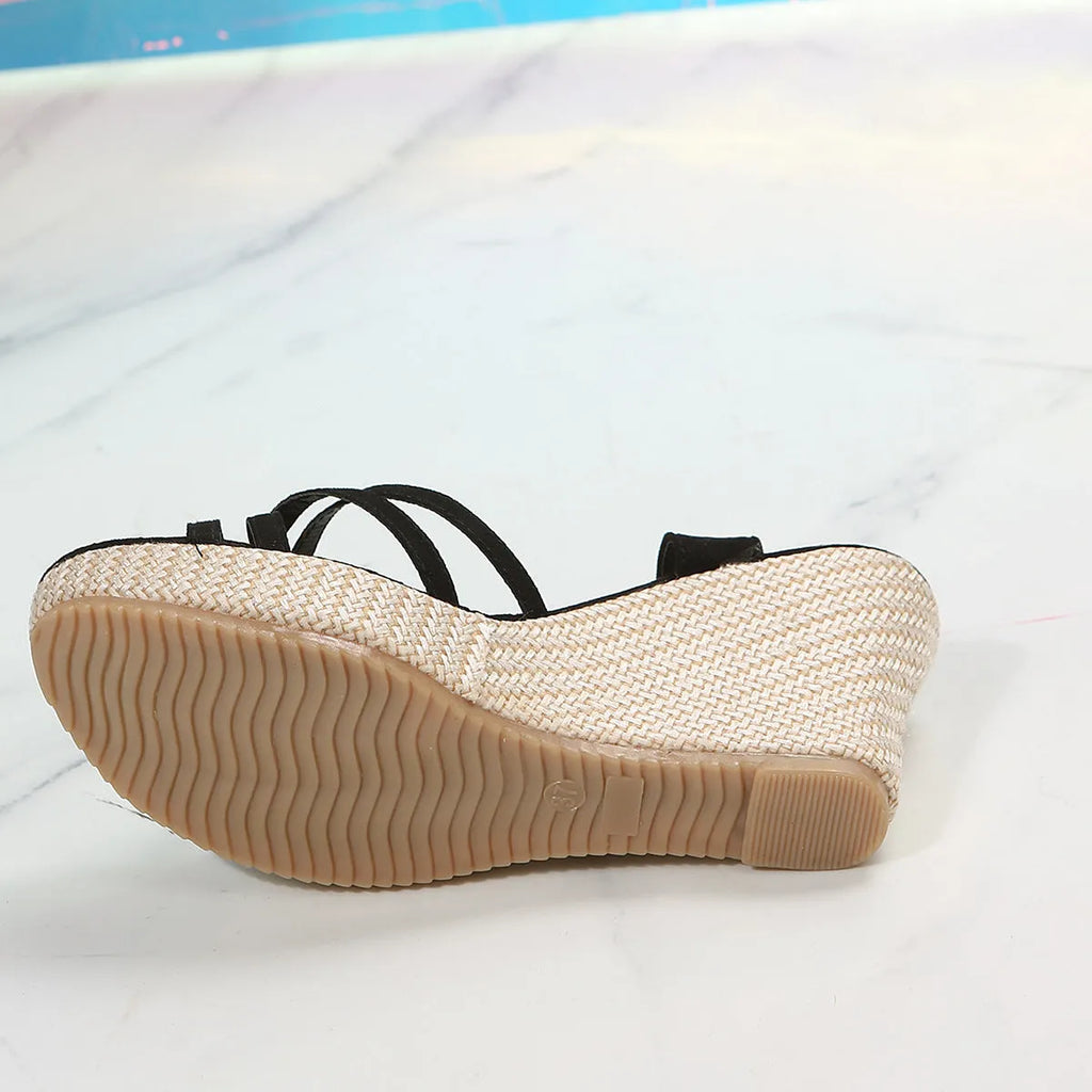 Women's beige wedge sandals with fish mouth open toe and cloth upper