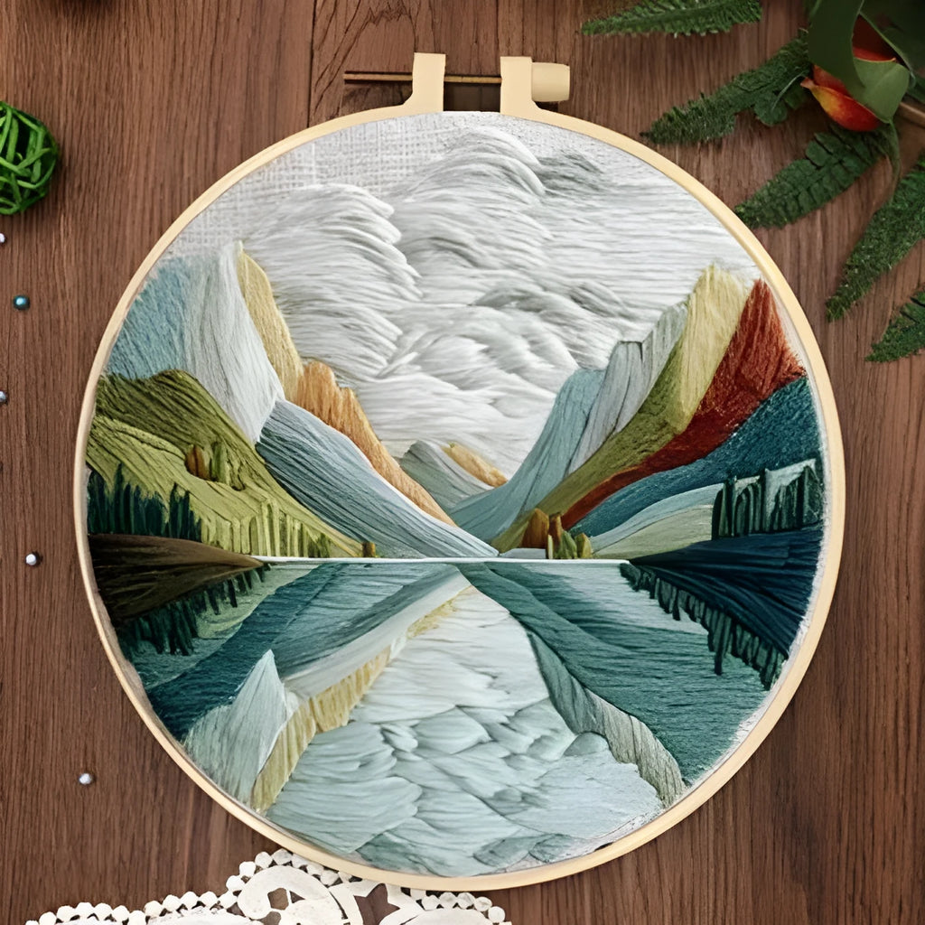 Landscape embroidery DIY kit with printed cotton fabric, bamboo frame, embroidery thread and needles