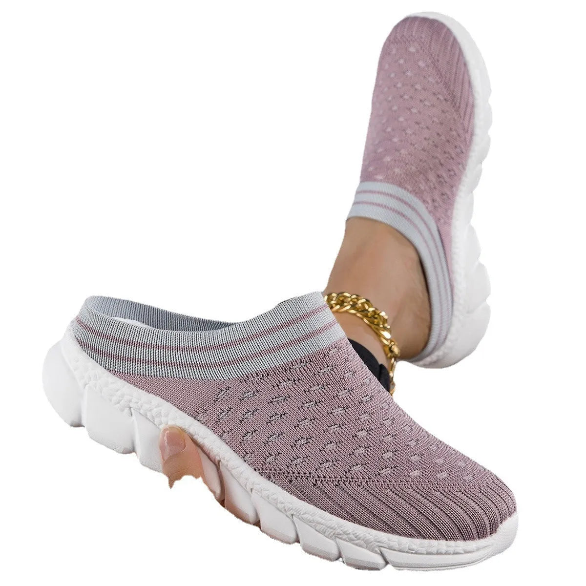 Women's striped Flyknit slipper shoes with hollowed-out pattern in black, pink, and purple colours