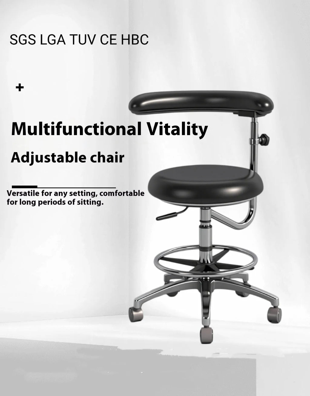 Black leather dental hospital chair for dentist or nurse use in a clinical setting.
