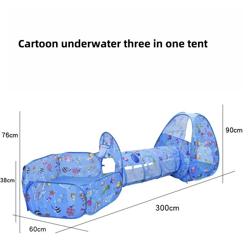 Children's three-in-one indoor play tent set with cartoon submarine design, featuring a tent, play tunnel, and ball pool.