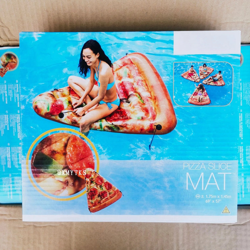 Large red and yellow inflatable pizza slice on a surfboard design, floating on water.