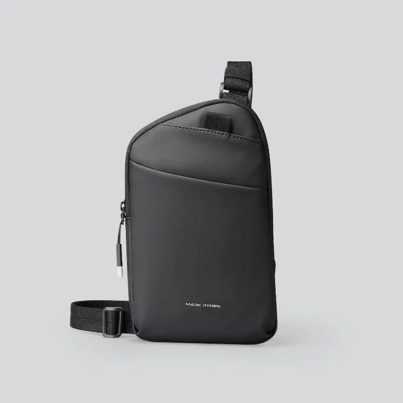 Men's elegant black Oxford cloth crossbody bag with sewing thread details
