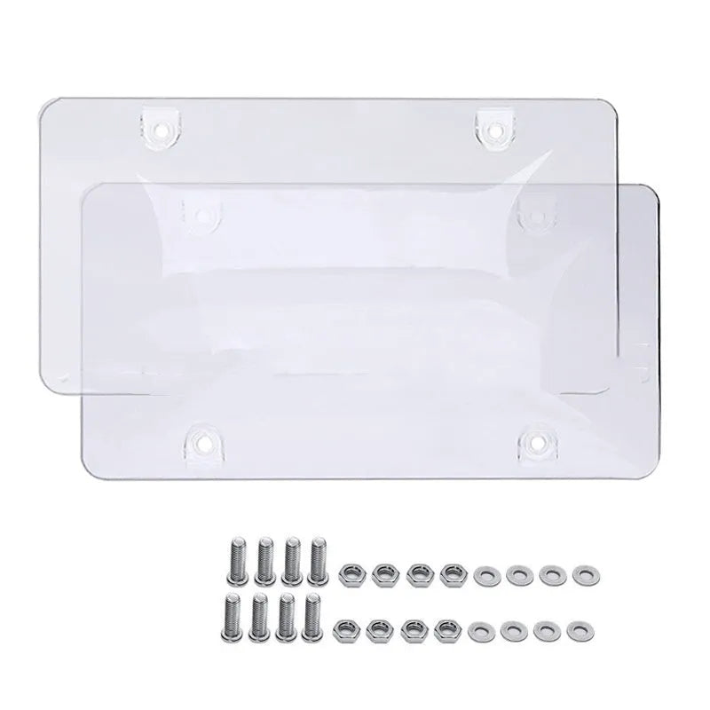Black plastic American standard licence plate frame with two screws and nuts on a white background