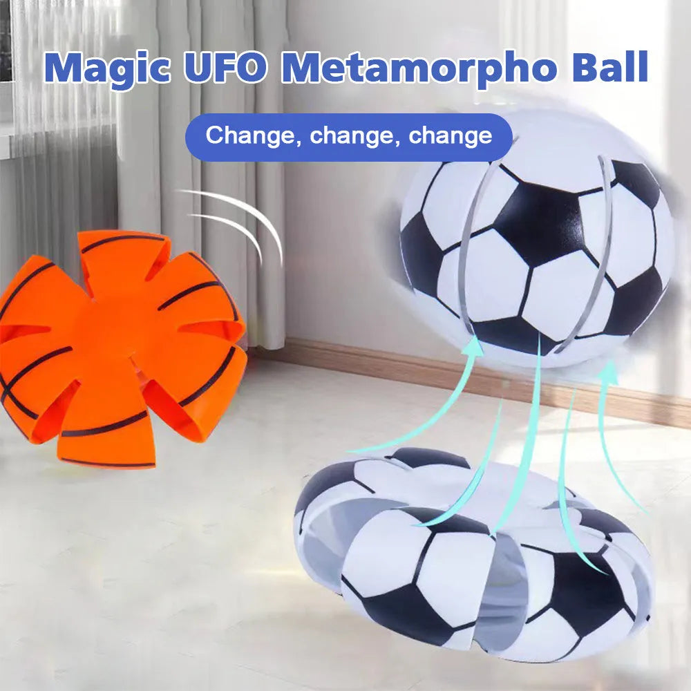 Glowing plastic dog toy showing ball and flying disc modes in orange colour