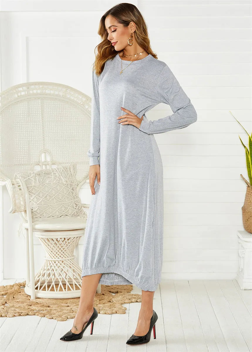 Black lantern dress with lace-up crew neck and loose casual fit