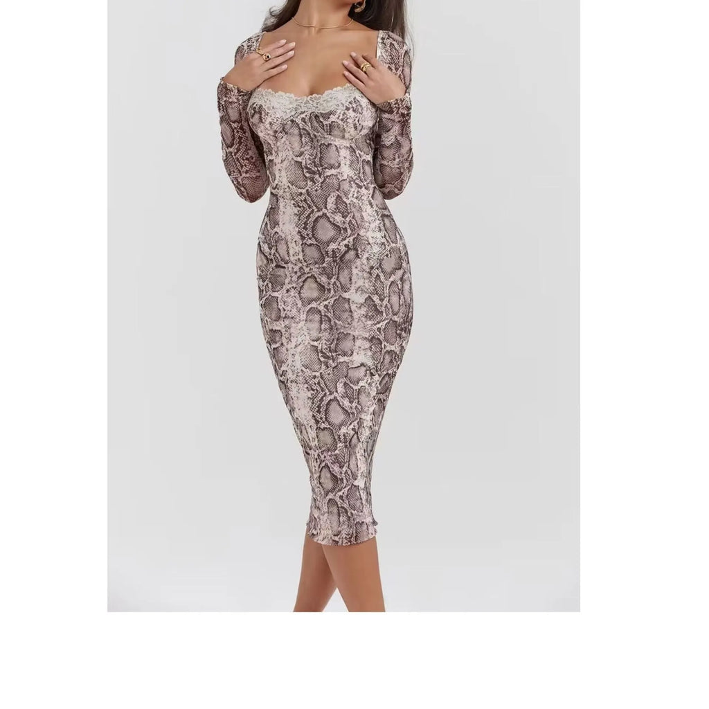 Grey slim fit lace dress with long sleeves, A-line skirt, and a digital 3D printed pattern.