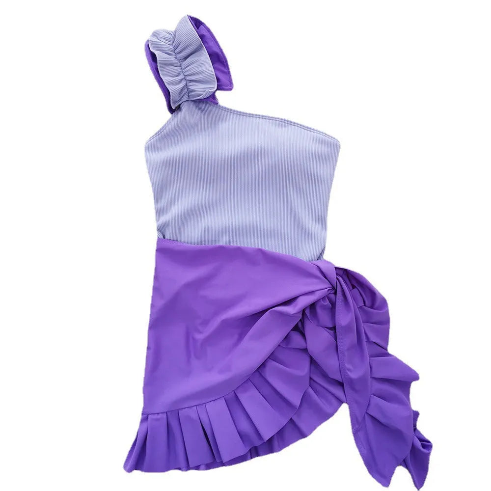 Single-shoulder suspender tube top one-piece swimsuit for women in solid colour with high-waisted design