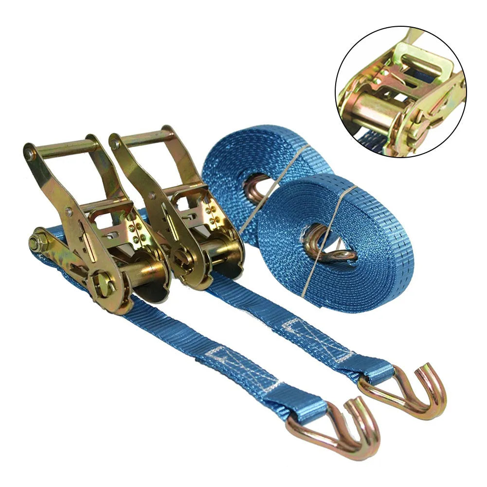 Steel ratchet tensioner fastening strap with double hooks and grey polyester webbing.