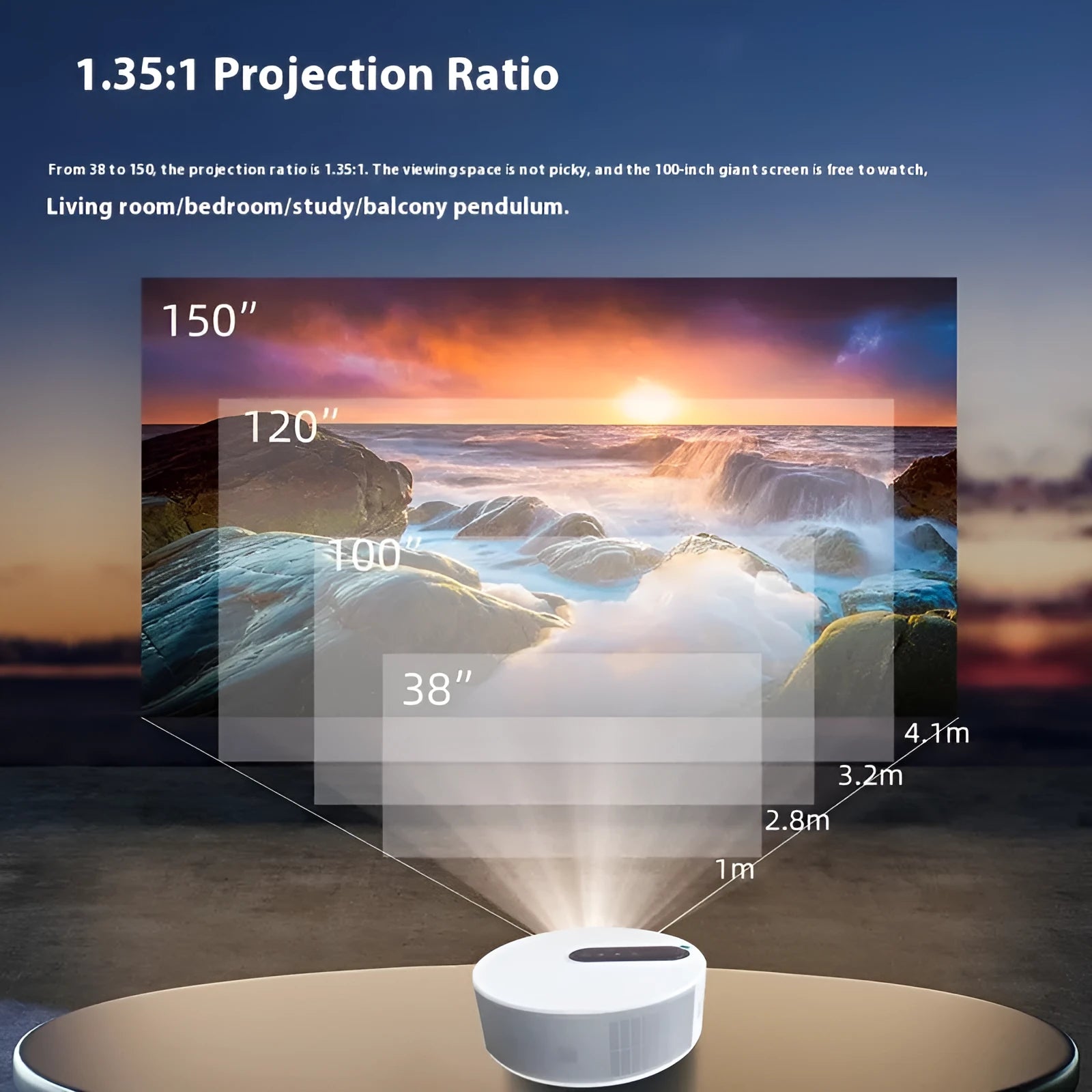 White HD home projector with remote control for bedroom cinema and smart home entertainment