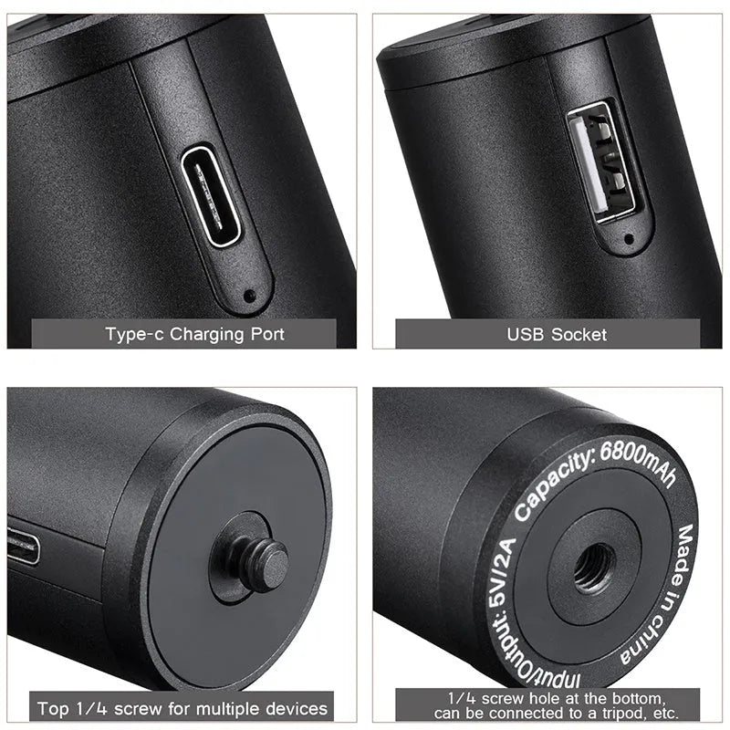 Black aluminium power bank with carry handle showing 6800mAh capacity