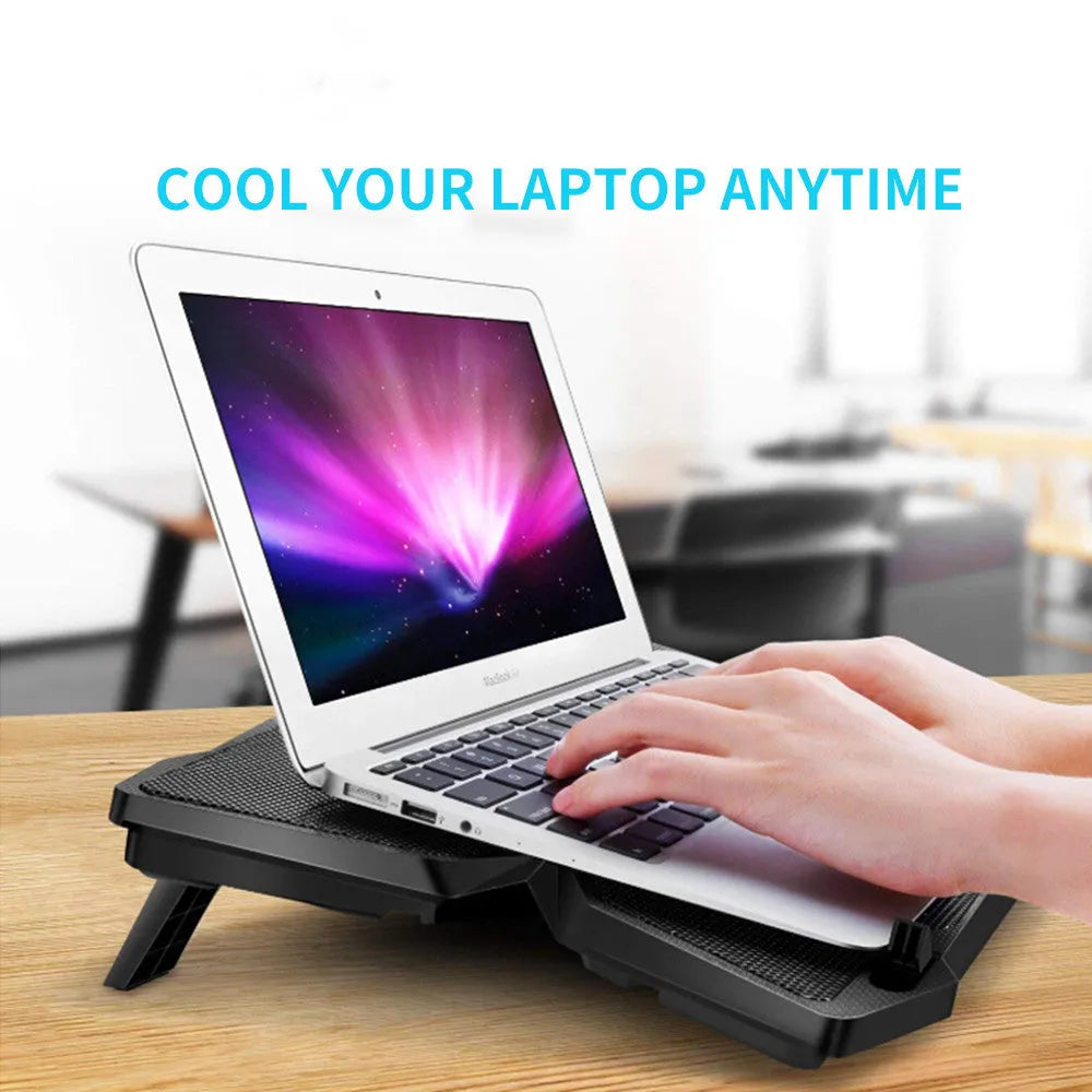 Blue laptop cooling base with four LED fans and two USB ports for temperature control