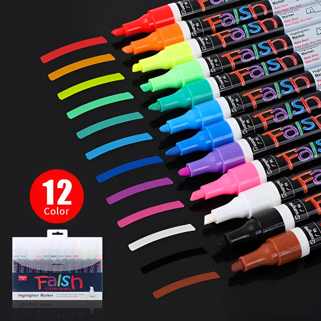 Electronic fluorescent plate highlighter with 6mm tip showing oblique pen shape and pressure valve design