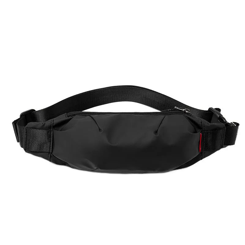 Black Oxford cloth waist pack with crossbody strap and zipper closure