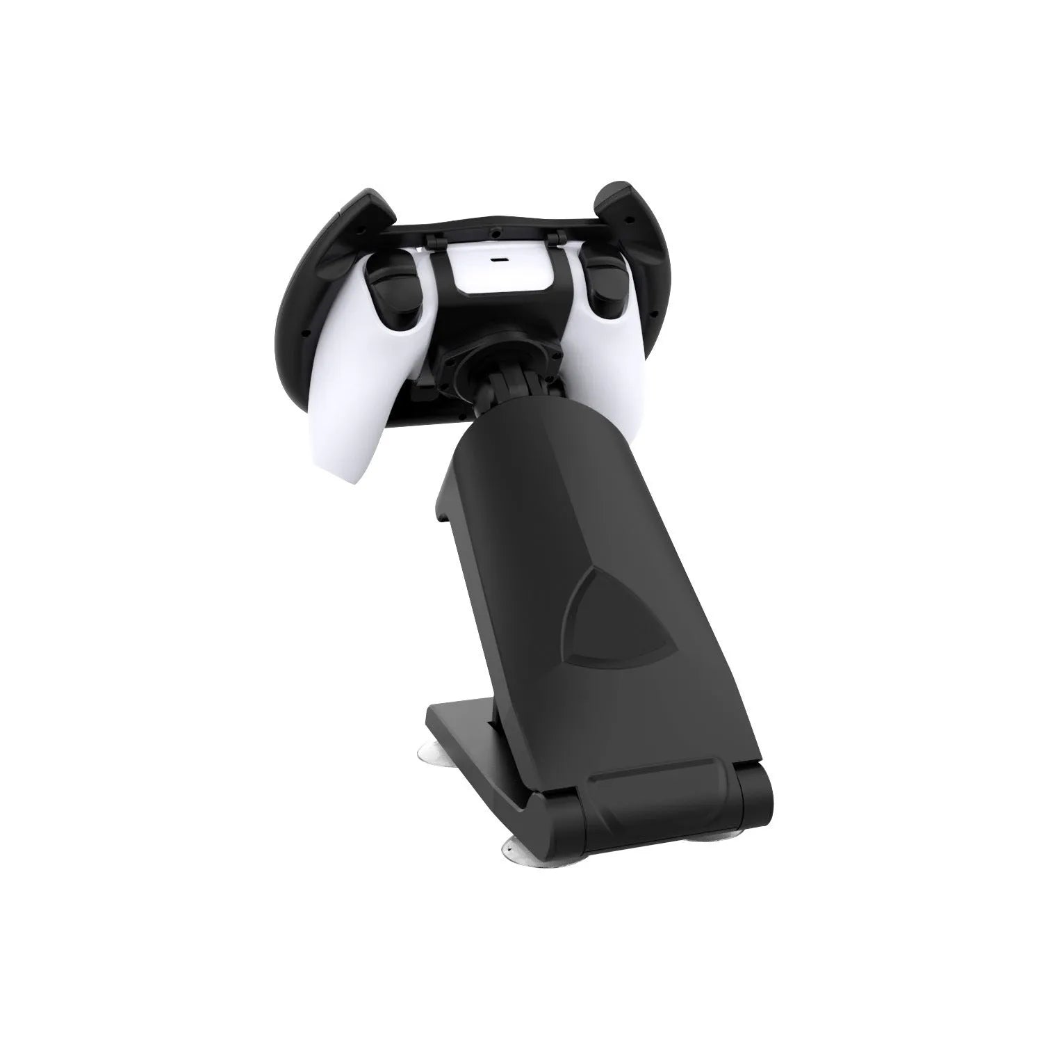 Black ABS plastic gamepad steering wheel bracket with a suction cup mount for mobile phone gaming.