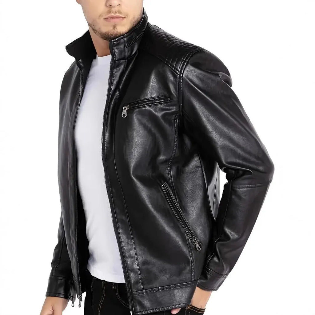 A brown men's punk-style artificial leather motorcycle jacket with a stand collar and patch pockets.