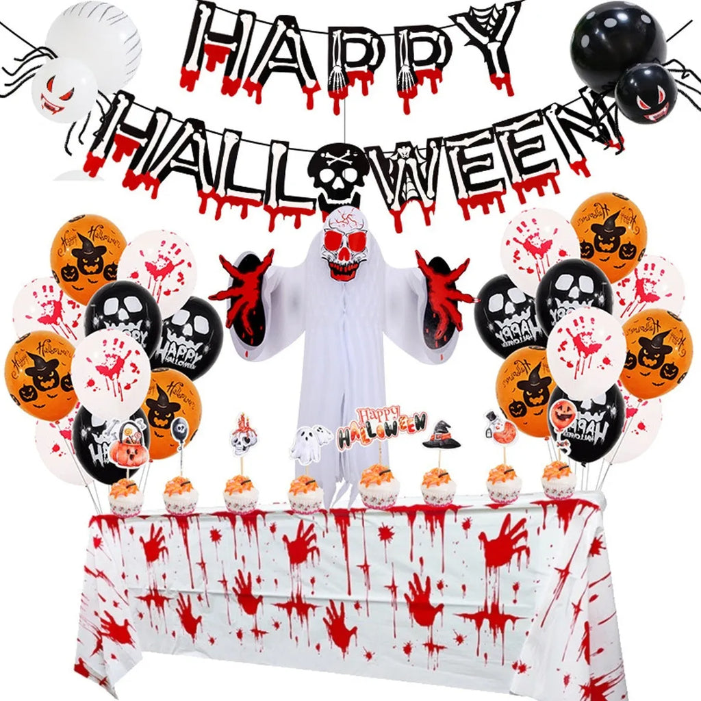 Halloween balloon decoration kit with spider arch, skull and pumpkin designs in white and black colours
