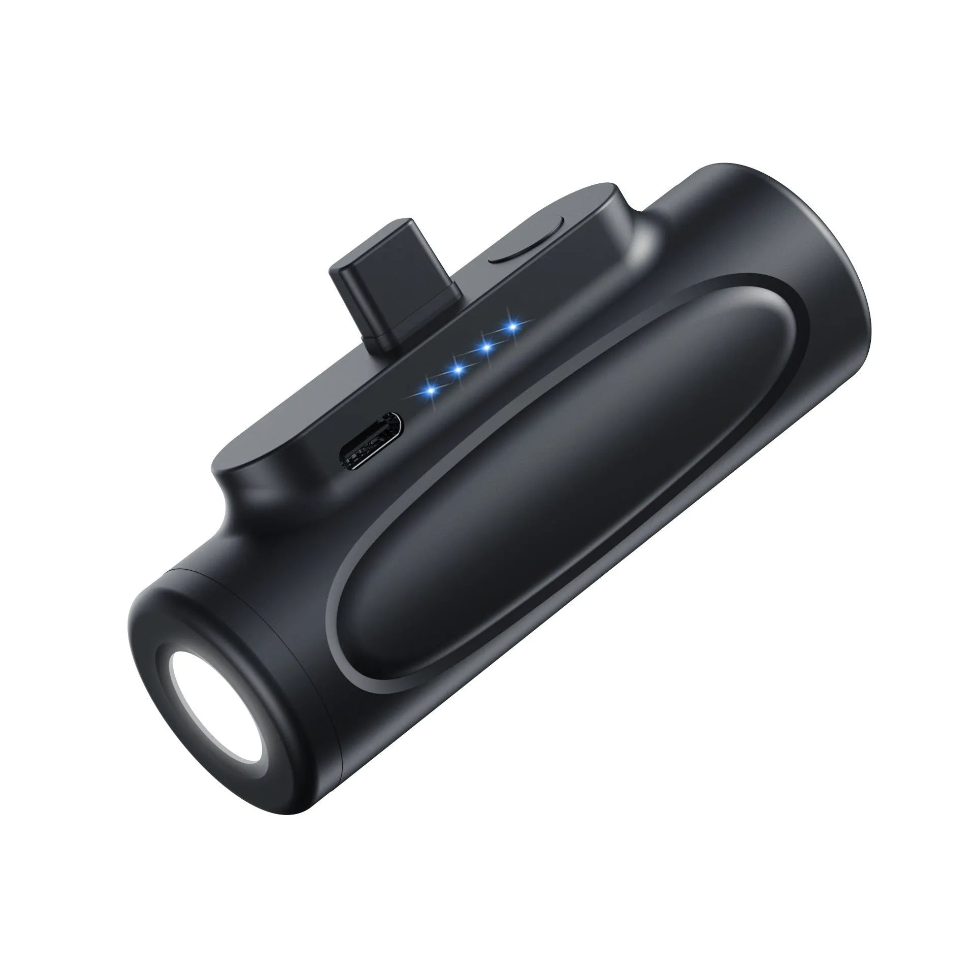 Black Glare power bank with integrated LED flashlight showing USB-C port and compact size.